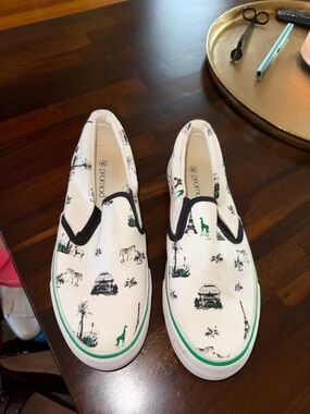 Promod White Slip-On Canvas Sneakers with Black and Green Print